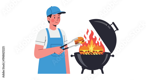 Illustration of a Chef Grilling Burgers on a Barbecue Grill