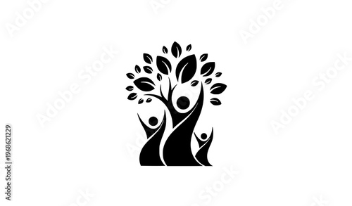 Abstract family growth tree logo with raised hands eco lifestyle and positive community concept vector design