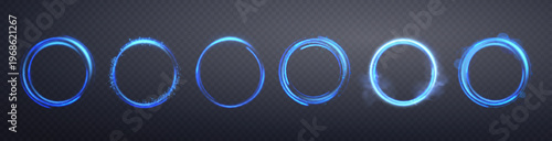 Blue neon circles with glowing light trails and energy effects. Round digital frame with abstract sparkle flare and luminous wave motion on dark background.