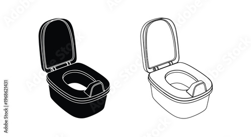 Portable toilet illustrations open and closed views in black and white
