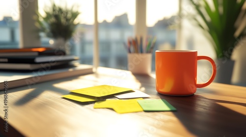 Orange coffee mug on a desk with colorful sticky notes and office supplies