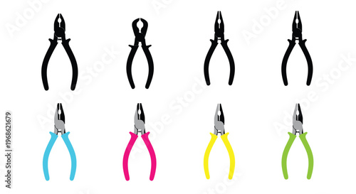 A collection of pliers in various colors and styles displayed in a grid