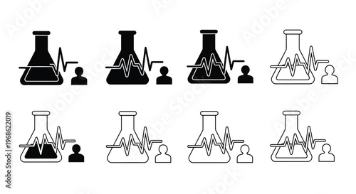 Laboratory flask icons with electrocardiogram lines and small figures