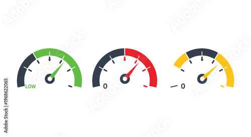 Three circular gauges displaying low medium and high levels with bright colored arcs a flat vector silhouette high quality professional detailed