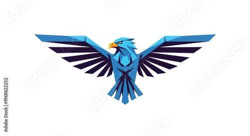 Blue geometric eagle with wings spread, featuring a stylized, low-poly design and an orange beak, set against a clean white background.