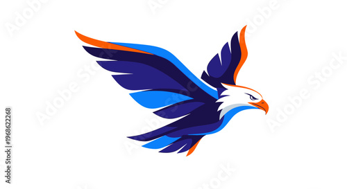 Stylized graphic illustration of an eagle in flight with vibrant blue and orange wings against a white background.