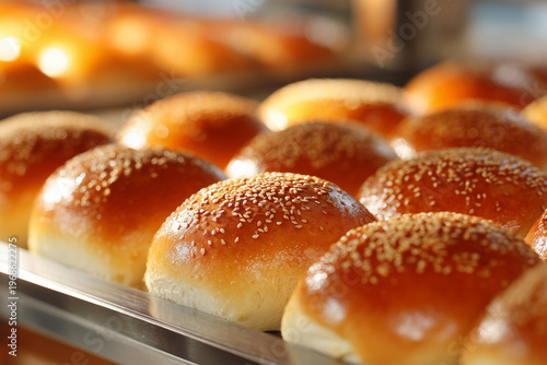 Freshly baked bread rolls on display in a local bakery shop