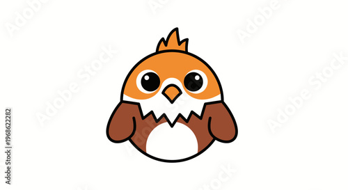 Cute cartoon baby bird with orange head and brown body emerging from a cracked eggshell on a white background, simple illustration.
