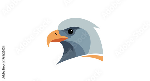 Stylized illustration of an eagle's head with a sharp orange beak and grey-blue feathers, facing left on a white background.