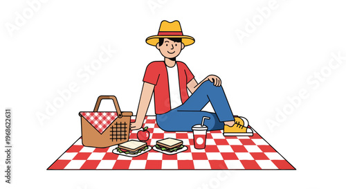 Young man having a picnic on a red checkered blanket with food and basket