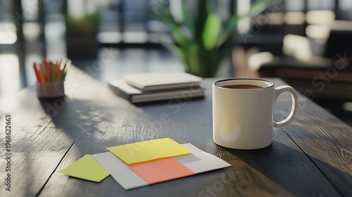A white coffee mug on a wooden desk with colorful sticky notes