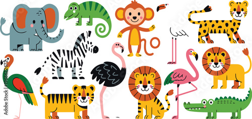 Cute jungle animals flat vector set in simple children style with elephant giraffe tiger lion monkey birds isolated illustration