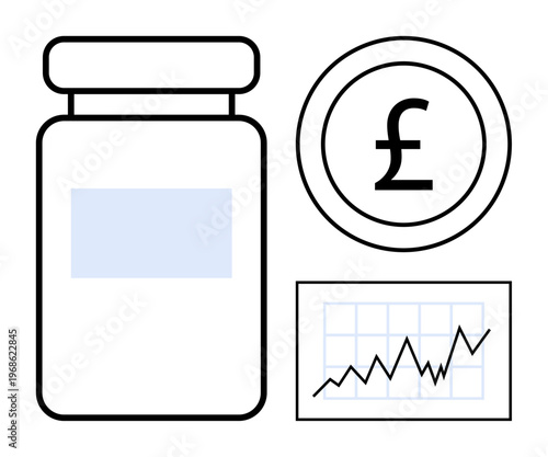 Healthcare economics, budgeting, pharmaceutical investments, cost analysis, business growth, and financial trends. A medicine bottle, pound currency symbol and growth graph. Healthcare economics