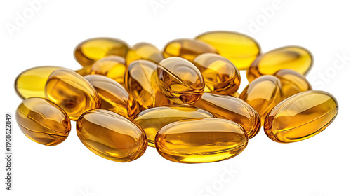 Small group of fish oil gel capsules with golden transparent texture on transparent background