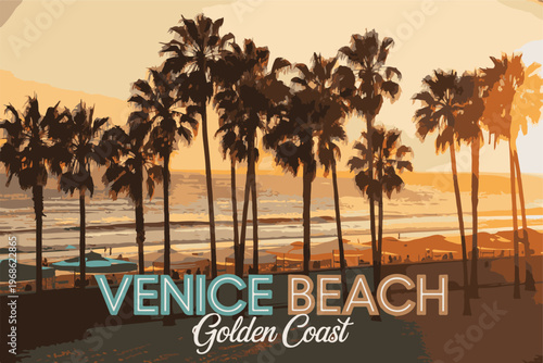 Venice beach golden coast poster with silhouettes of tall palm trees against sunset ocean horizon for california travel theme.