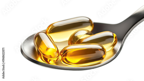 Shiny omega 3 softgel capsules arranged neatly isolated on transparent background