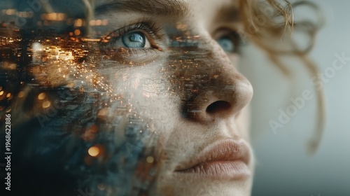 Surreal Cinematic Portrait of Woman with Dual Reality Face, Faded Memories and Futuristic Glitch Holograms, Anxious Mood, Soft Glow Lighting, Editorial Layout with Left Copy Space