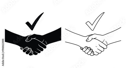 Two variations of a handshake illustration with a checkmark symbol