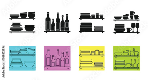 Black and white silhouettes of kitchen shelves filled with dinnerware and bottles