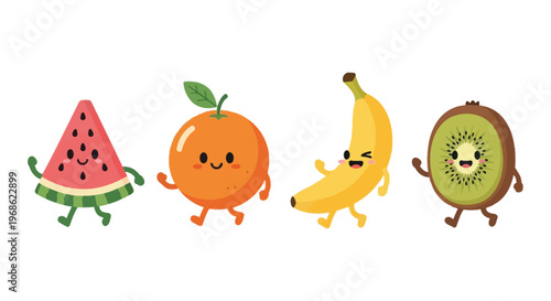 A vibrant row of cartoon fruits watermelon orange banana and kiwi cheerfully walk forward silhouette high quality professional detailed