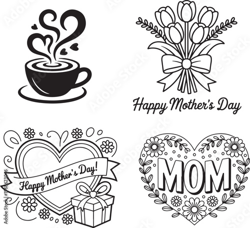 Happy mothers day collection of line art illustrations coffee cup bouquet of tulips heart with gift and MOM text.