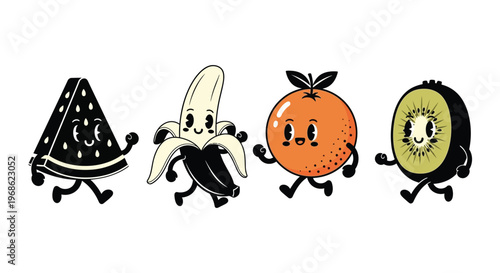 Adorable anthropomorphic fruits watermelon banana orange and kiwi cheerfully march forward in a playful illustration silhouette high quality professional