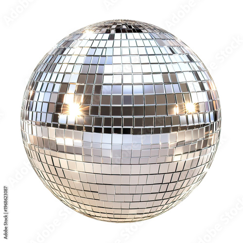 A shiny disco ball on transparent background reflecting light