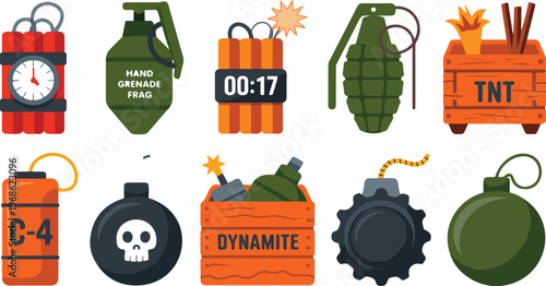 Cartoon bomb and dynamite set with explosive devices military ammunition game asset icons vector illustration collection isolated design