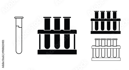 Black and white illustration of test tubes in racks varying in quantity