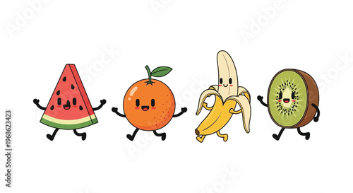 Four cheerful fruits watermelon orange banana and kiwi are playfully walking in a row silhouette high quality professional detailed