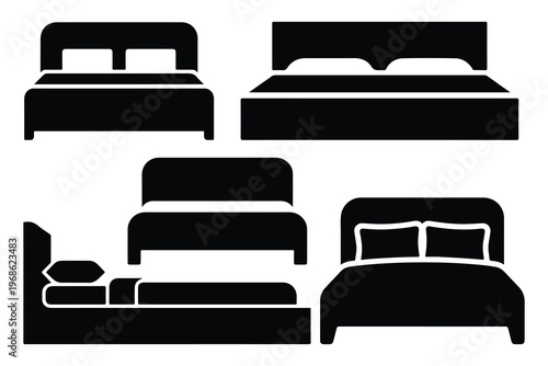 Black silhouettes of different beds and mattresses