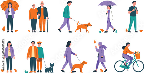 People in autumn season walking cycling and walking dog with umbrella in fall park street flat vector illustration set
