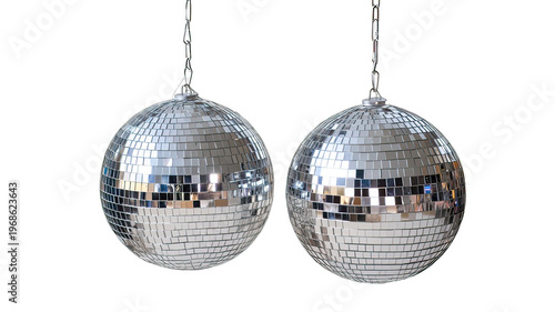 Two shiny disco balls hanging from chains on transparent background