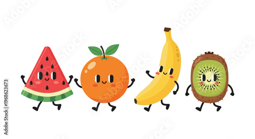 Adorable cartoon fruits watermelon orange banana and kiwi are playfully walking in a line silhouette high quality professional detailed
