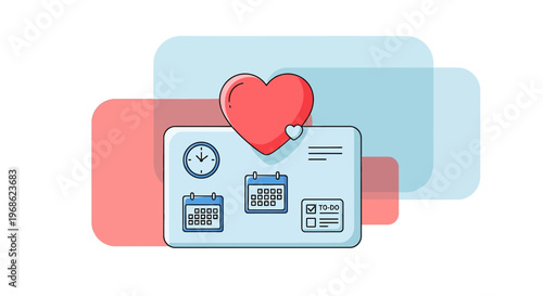 Heart icon with calendar and clock on planner, love for planning, time management, organization