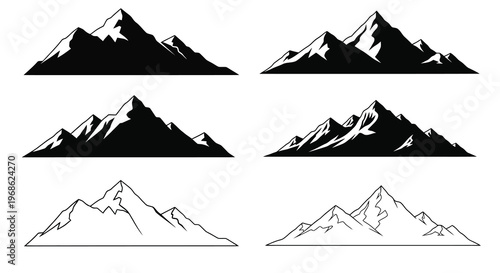 Black and white mountain range illustrations in varying styles and detail