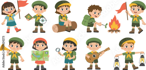 Cute scout kids cartoon set with boys and girls in uniform camping building campfire outdoor adventure summer camp vector illustration