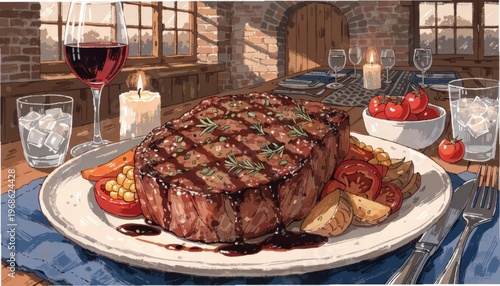 Gigapixel Standard 4x Grilled Steak with Herbs and Sauce Drizzle Served on Plate