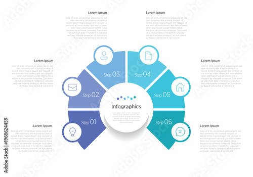 Modern infographic template featuring six circular segments arranged in a cycle. Each circle includes editable text placeholders, icons, and numbering from 1 to 6.