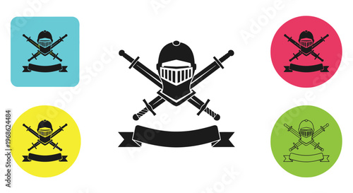 Medieval knight helmet with crossed swords on colorful circular backgrounds
