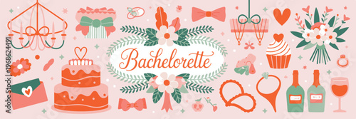 Bachelorette party celebration vector illustration with wedding accessories, cake, champagne, ring, and flowers.