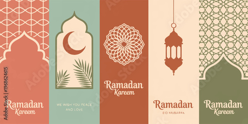 Ramadan kareem and eid mubarak vertical banners with arabic elements, mosque, crescent moon, and lantern.