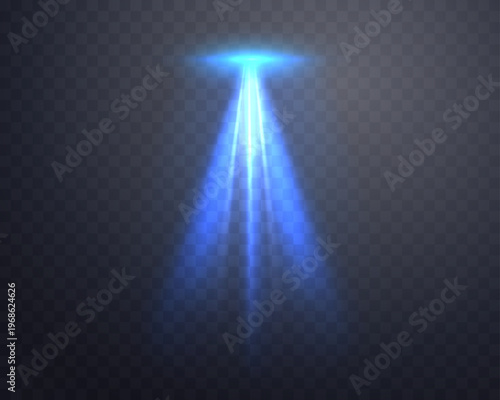 Spotlight illuminates blue stage background, concert lighting effect with glowing rays for award show or theater performance on transparent background. Vector illustration.