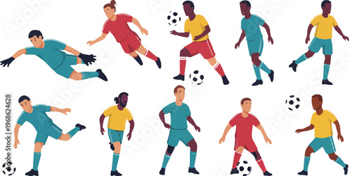 Cartoon football players vector set with men and women athletes in uniform dribbling, kicking, and playing soccer action illustrations