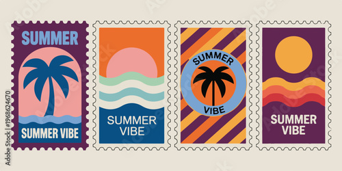 Summer vibe postage stamps with palm trees, sun, waves, and colorful striped patterns for holiday travel.