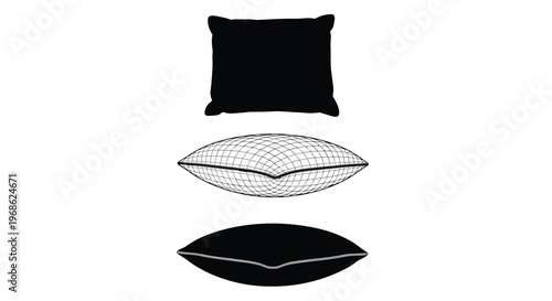 Three pillows depicted in varying styles solid wireframe and shaded