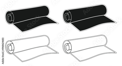 Four rolled paper or fabric sheets in various unfolding positions