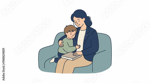 Loving mother reads an engaging storybook to her young child, fostering learning and bonding on a cozy sofa at home, depicting a heartwarming family moment