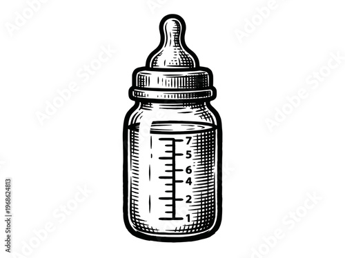 Vintage Baby Bottle Engraving Illustration Black and White Line Art