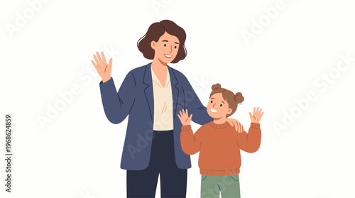 Happy mother and daughter waving hello with warm smiles, showcasing a joyful family moment of connection and greeting, an illustration of love and togetherness